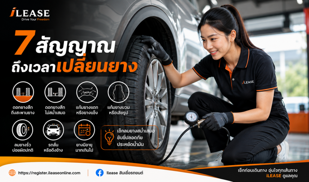 พนักงาน iLease กำลังตรวจดอกยางและแก้มยางรถยนต์